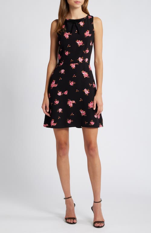 Shop Charles Henry Floral Bow Neck Fit & Flare Minidress In Black Ditsy