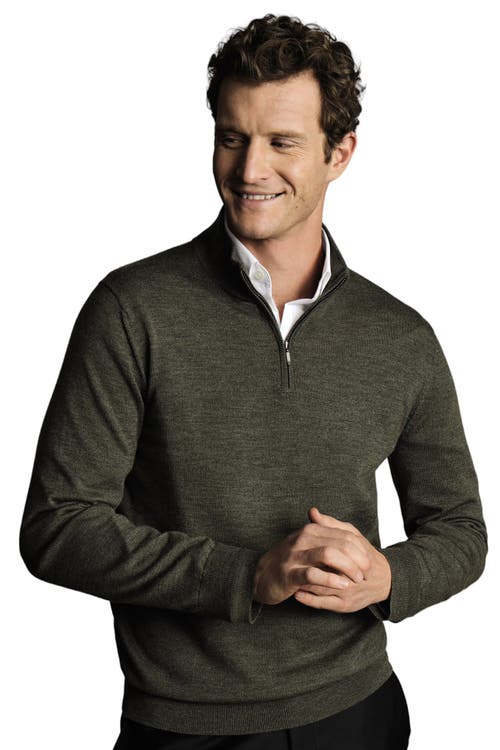 Shop Charles Tyrwhitt Pure Merino Zip Neck Sweater In Olive Green