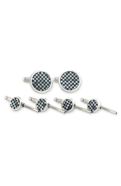 David Donahue Sterling Silver, Mother Of Pearl & Onyx Checkerboard Stud & Cufflink Set In Onyx/mother Of Pearl