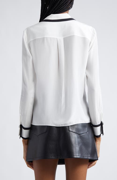 Shop Alice And Olivia Alice + Olivia Willa Contrast Trim Silk Button-up Top In Off White/black