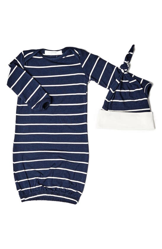Shop Baby Grey By Everly Grey Stripe Gown & Hat Set In Navy