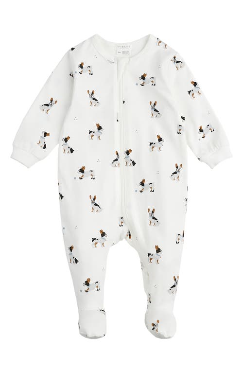 FIRSTS by Petit Lem French Bulldog Stretch Organic Cotton Jersey Pajama Footie in Off White 