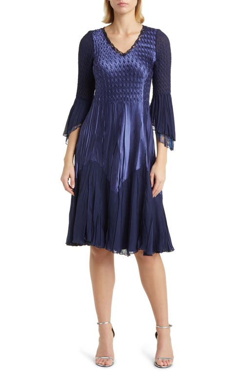Amna Bell Sleeve Chiffon & Lace A-Line Dress in Midnight Navy
