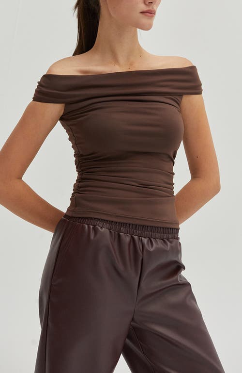 Crescent Ruched Off Shoulder Knit Top In Espresso