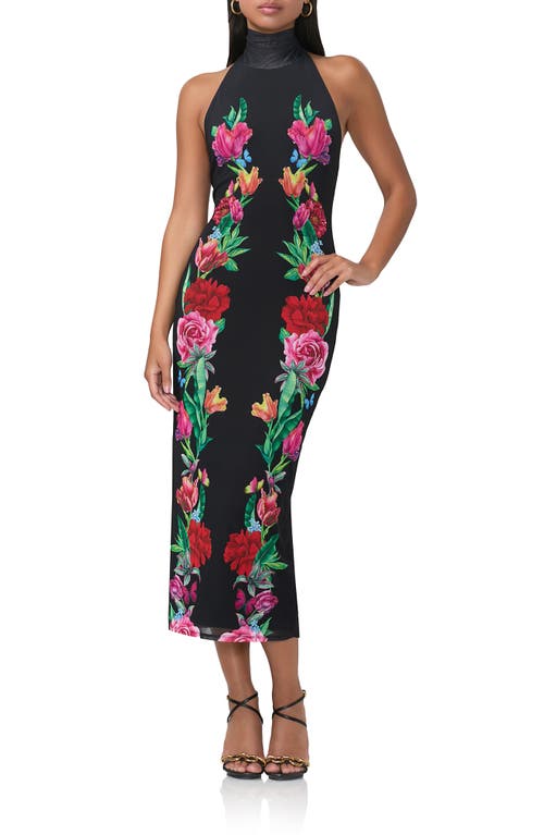 Olimpia Printed Turtleneck Mesh Halter Dress in Body Floral