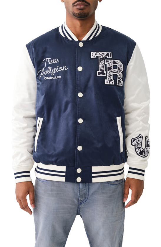 Shop True Religion Brand Jeans Souvenir Satin Snap-up Varsity Jacket In Dress Blue / Winter White