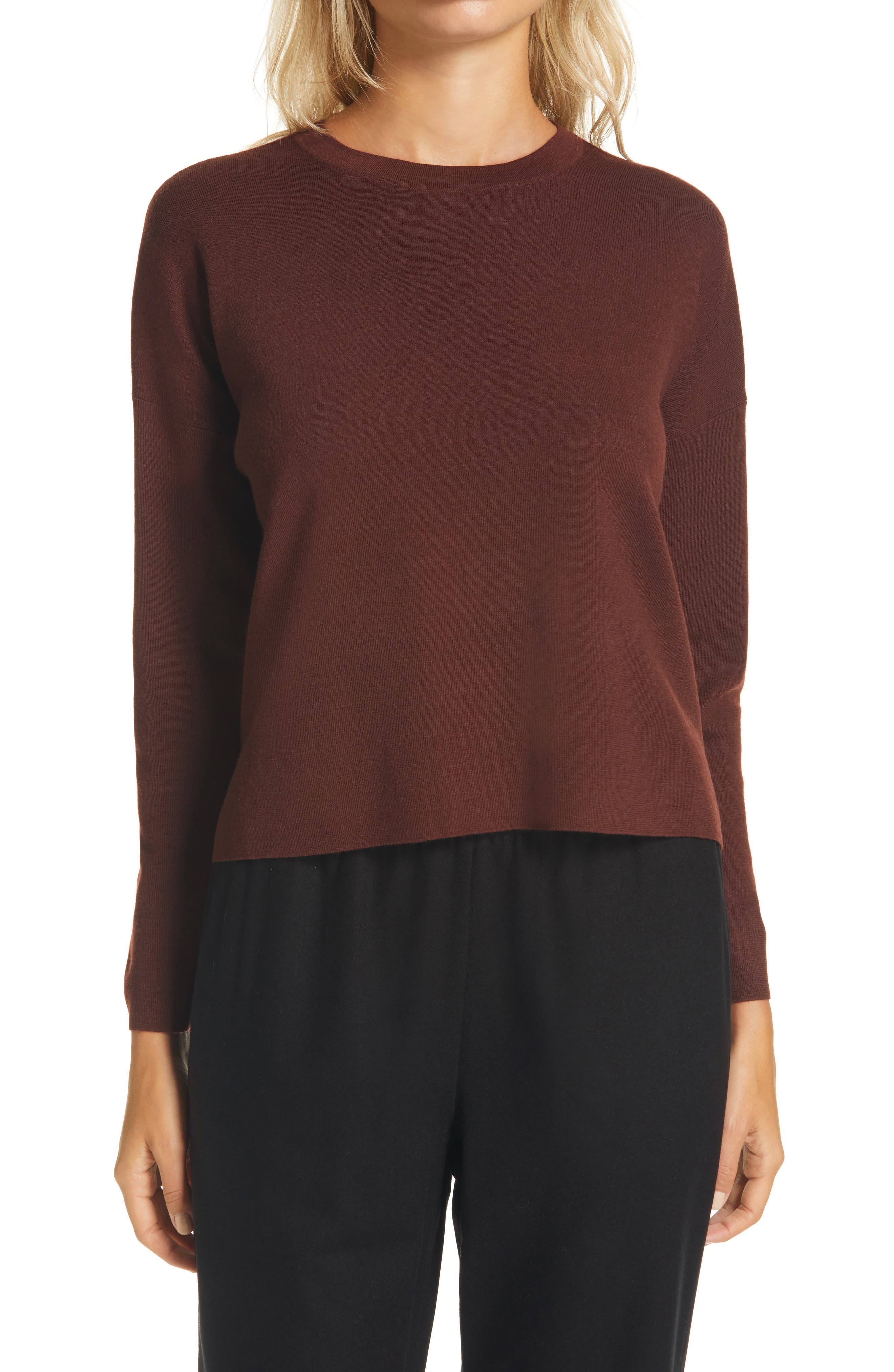 Eileen Fisher Crewneck Wool Box Top In Brnst