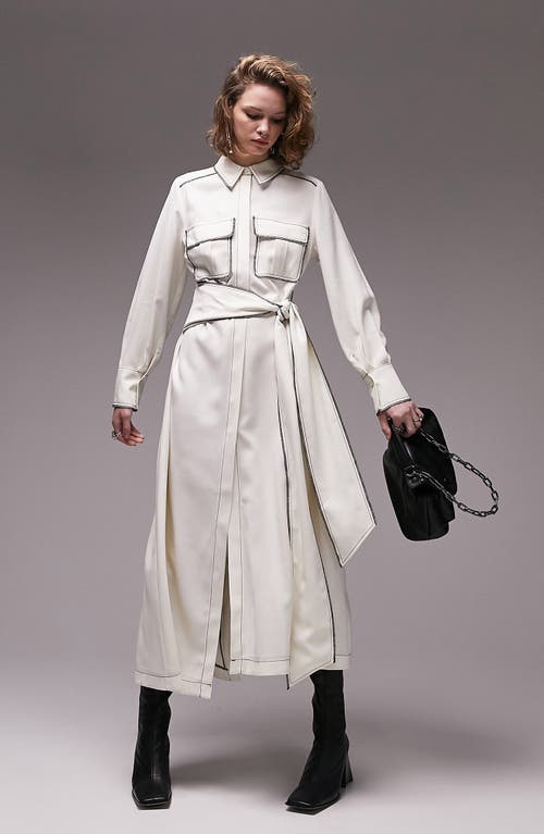 Topshop Contrast Seam Long Sleeve Belted Midi Shirtdress in Ivory