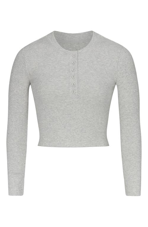 Shop Skims Long Sleeve Crop Stretch Cotton Rib Henley In Light Heather Grey