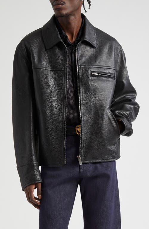 Shop Versace Elephant Effect Leather Jacket In Black