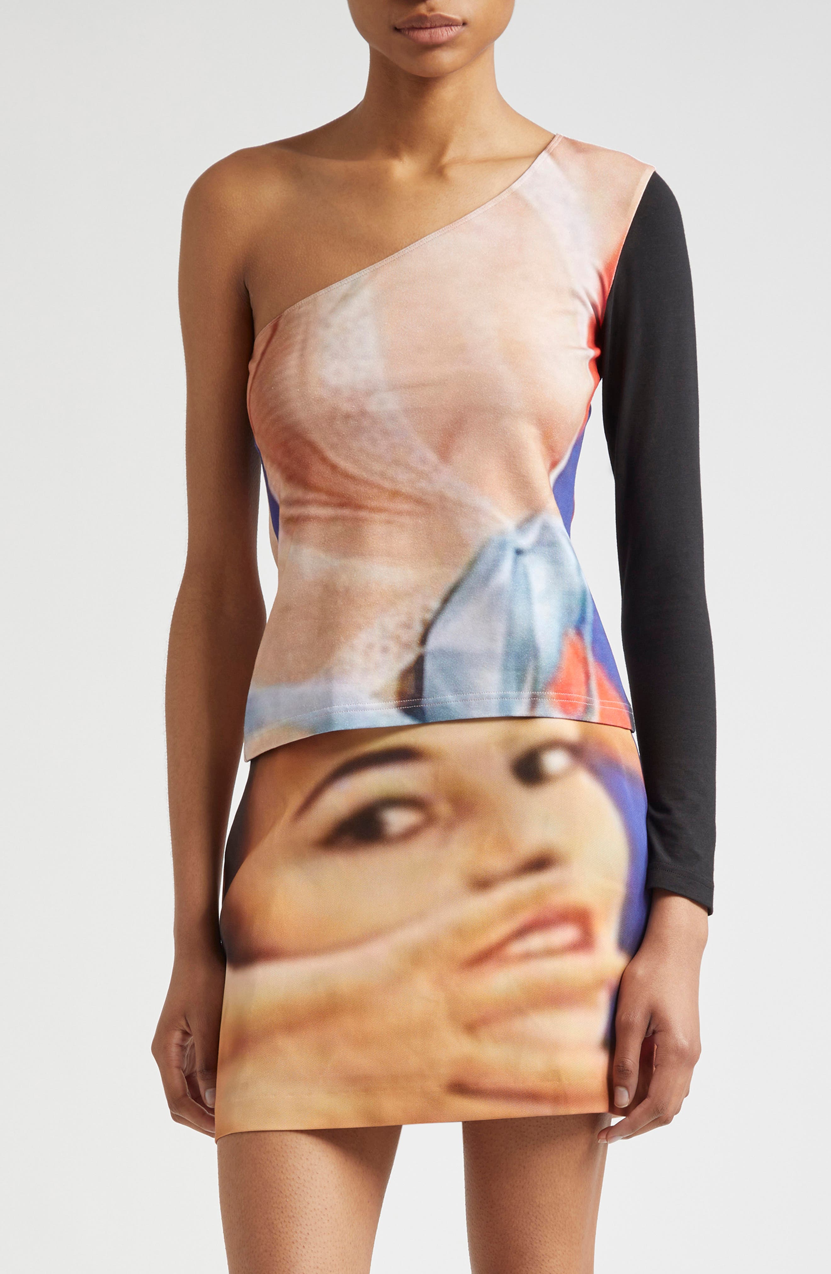 ELLISS Harlequin Print One-Shoulder Jersey Top in Blue/Coral Multi 