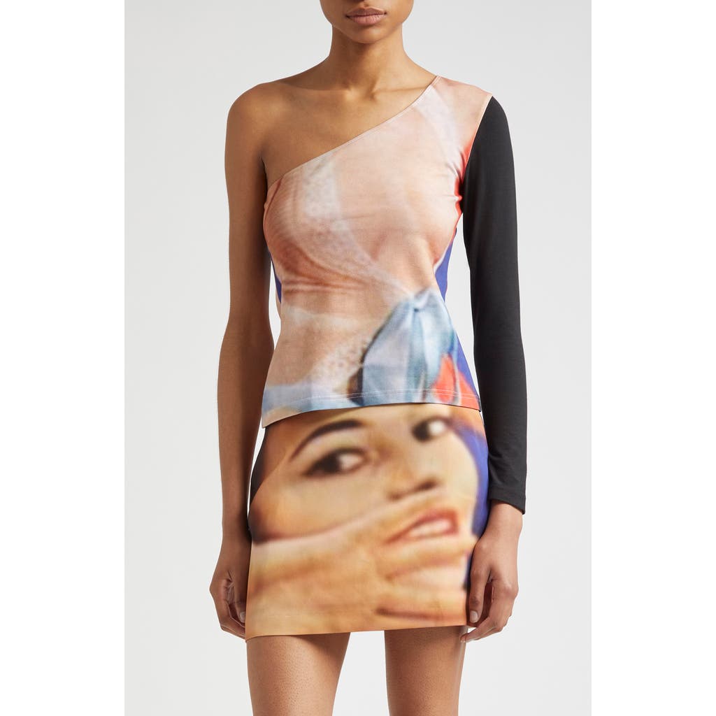 ELLISS Harlequin Print One-Shoulder Jersey Top in Blue/Coral Multi