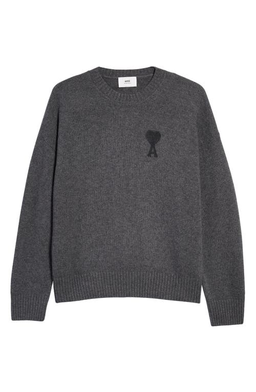 AMI PARIS Men's Needle Punch Ami de Coeur Logo Patch Wool Sweater in Heather Grey/055