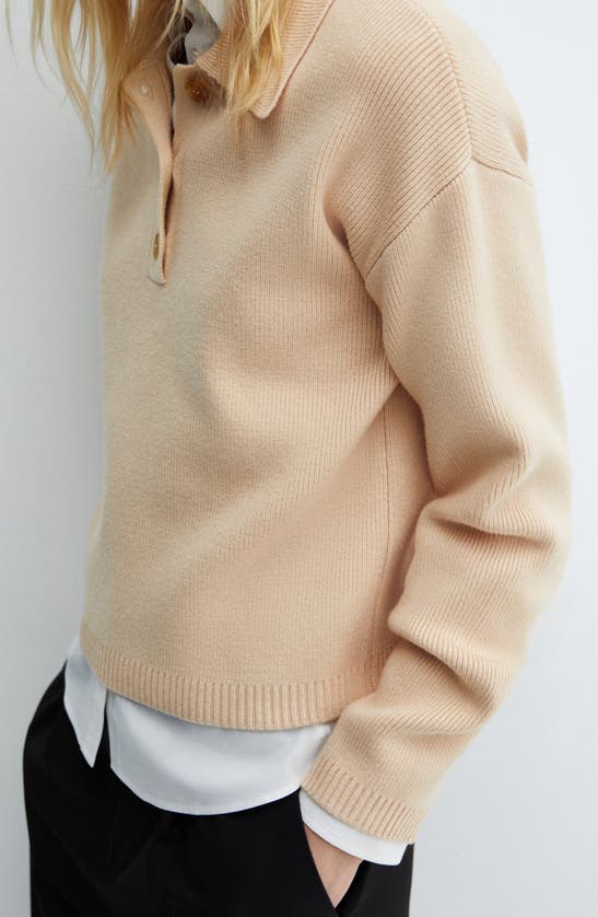 Shop Mango Long Sleeve Rib Polo Sweater In Beige