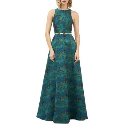 Kay Unger Floral Jacquard Evening Gown, Blue