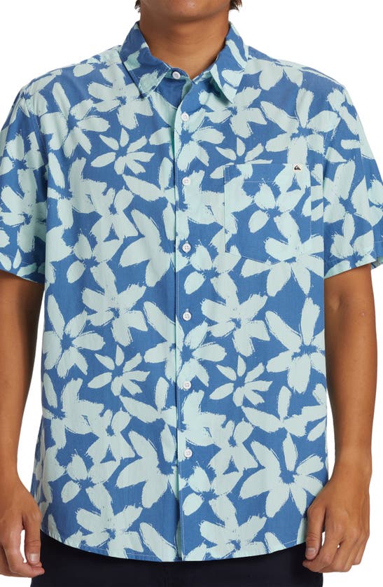 Shop Quiksilver Apero Regular Fit Floral Short Sleeve Organic Cotton Button-up Shirt In Monaco Blue