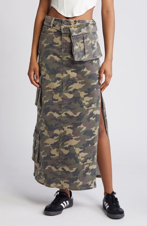 Camo Cargo Denim Maxi Skirt in Olive