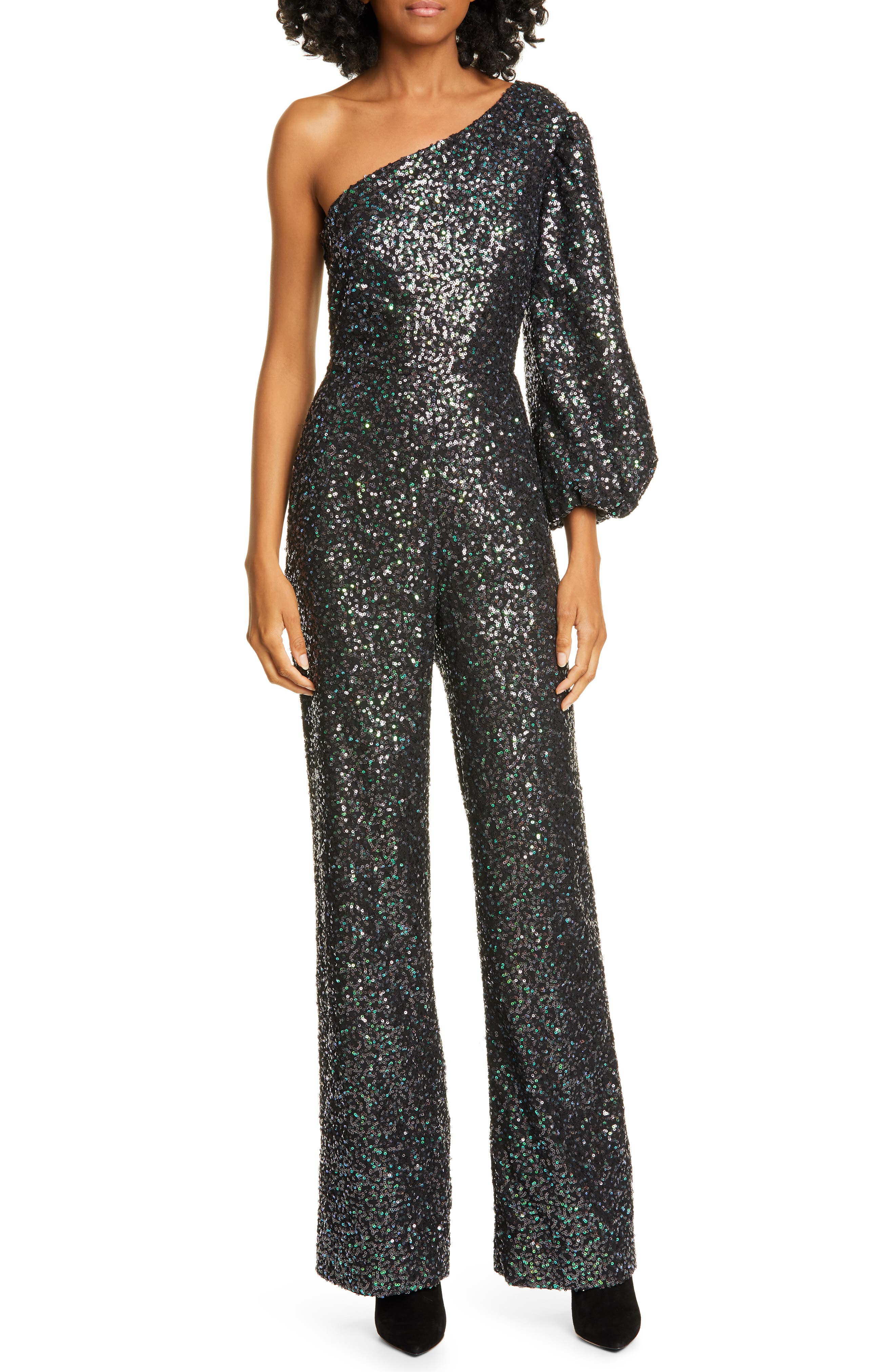 sequin one shoulder jumpsuit