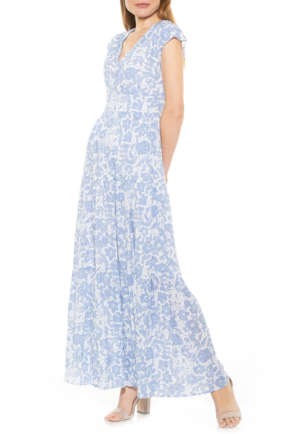 Alexia Admor Summer V-neck Tiered Maxi Dress In Light Blue Multi
