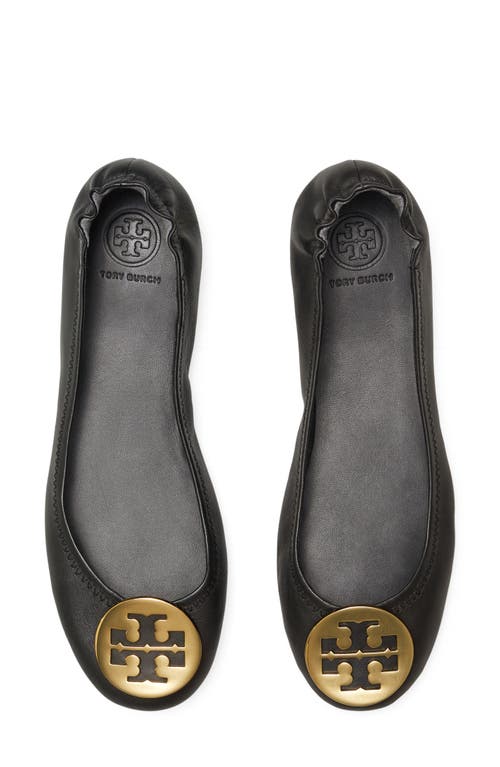 Tory Burch Minnie Travel Ballet With Metal Logo In Perfect Black/gold