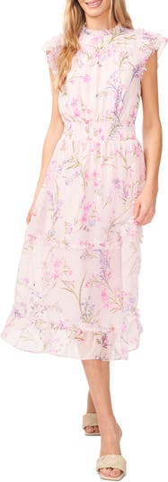 CeCe Floral Clip Dot Smocked Ruffle Midi Dress | Nordstrom