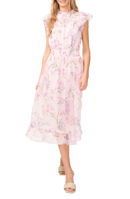 CeCe Floral Clip Dot Smocked Ruffle Midi Dress in Corsage Pink