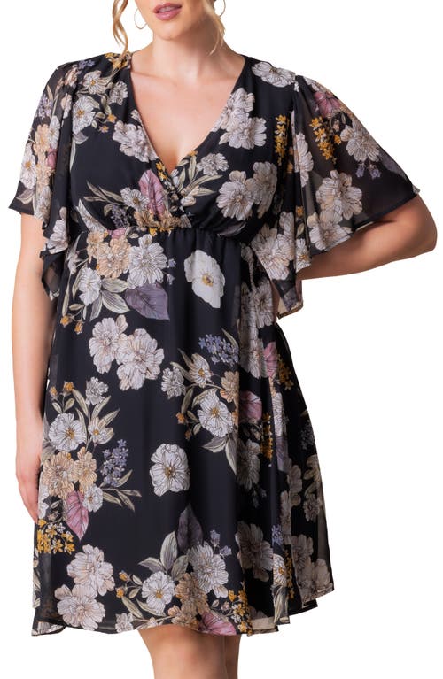 Shop Kiyonna Florence Flutter Sleeve Dress In Midnight Peony Print