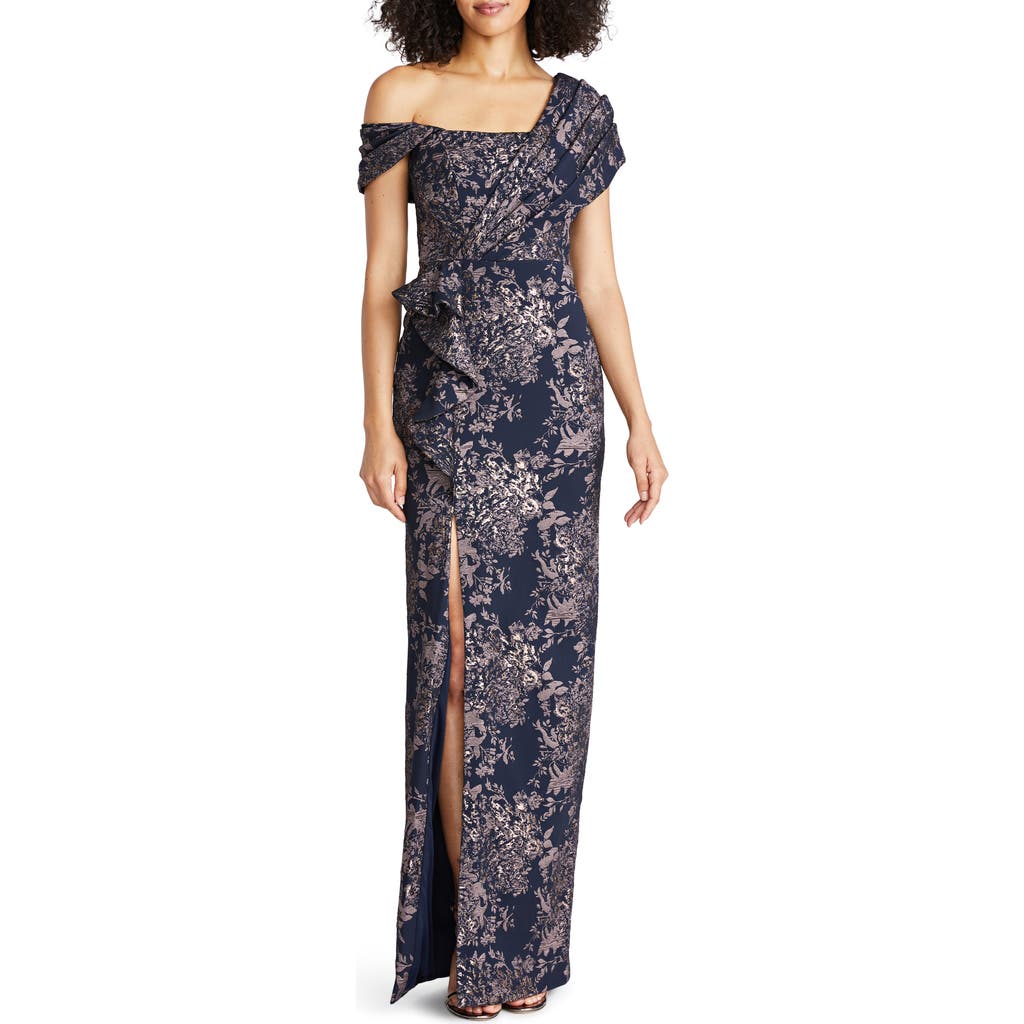 Theia Amaris Floral Jacquard One-shoulder Gown In Nautical Navy/rose Gold