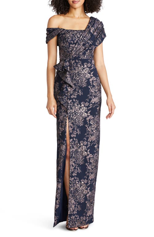 Amaris Floral Jacquard One-Shoulder Gown in Nautical Navy /Rose Gold