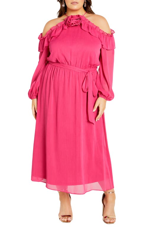 City Chic Nikita Rosette Tie Waist Cold Shoulder Long Sleeve Chiffon Midi Dress at