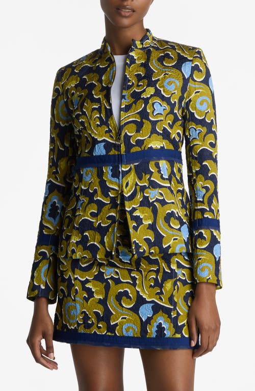 Western Paisley Print Cotton Blend Matelassé Zip-Up Jacket in Royal Blue Multi