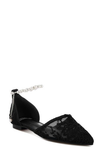 Rag & Co Seymor Faux Pearl Tie Strap Lace Flat In Black