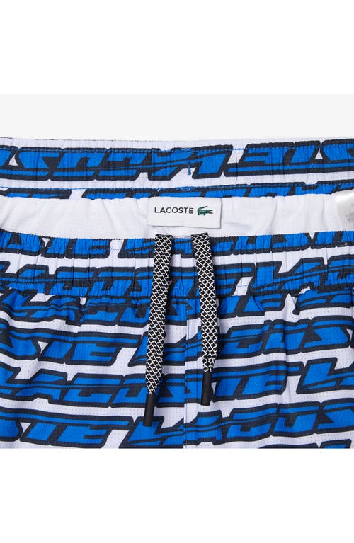 Shop Lacoste Logo Print Cotton Swim Trunks In Any White/kingdom