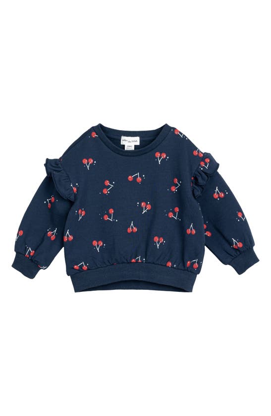Miles The Label Babies' Cherry Print Organic Cotton Ruffle Shoulder Sweatshirt In Navy