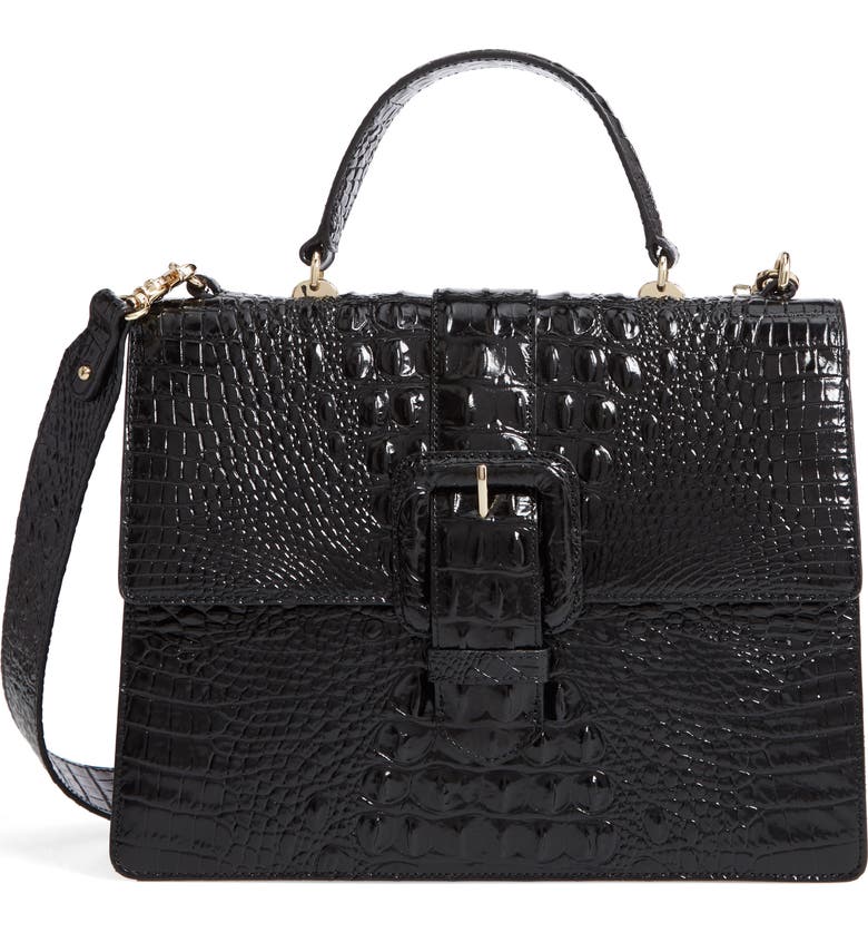 BRAHMIN Medium Francine Croc Embossed Leather Satchel, Main, color, Black