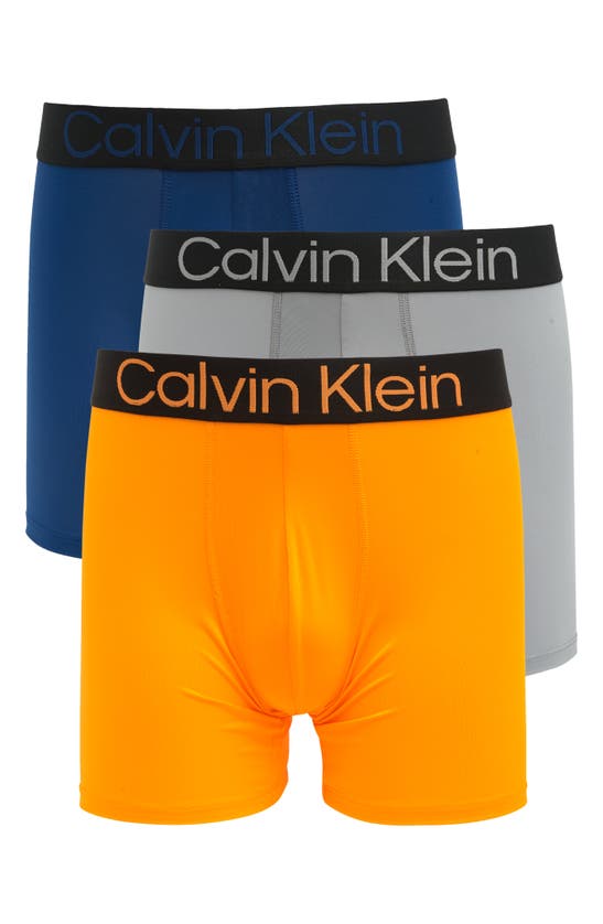 Calvin Klein Bold Logo 3-pack Boxer Briefs In Orange/ Wolf Grey/ Blue