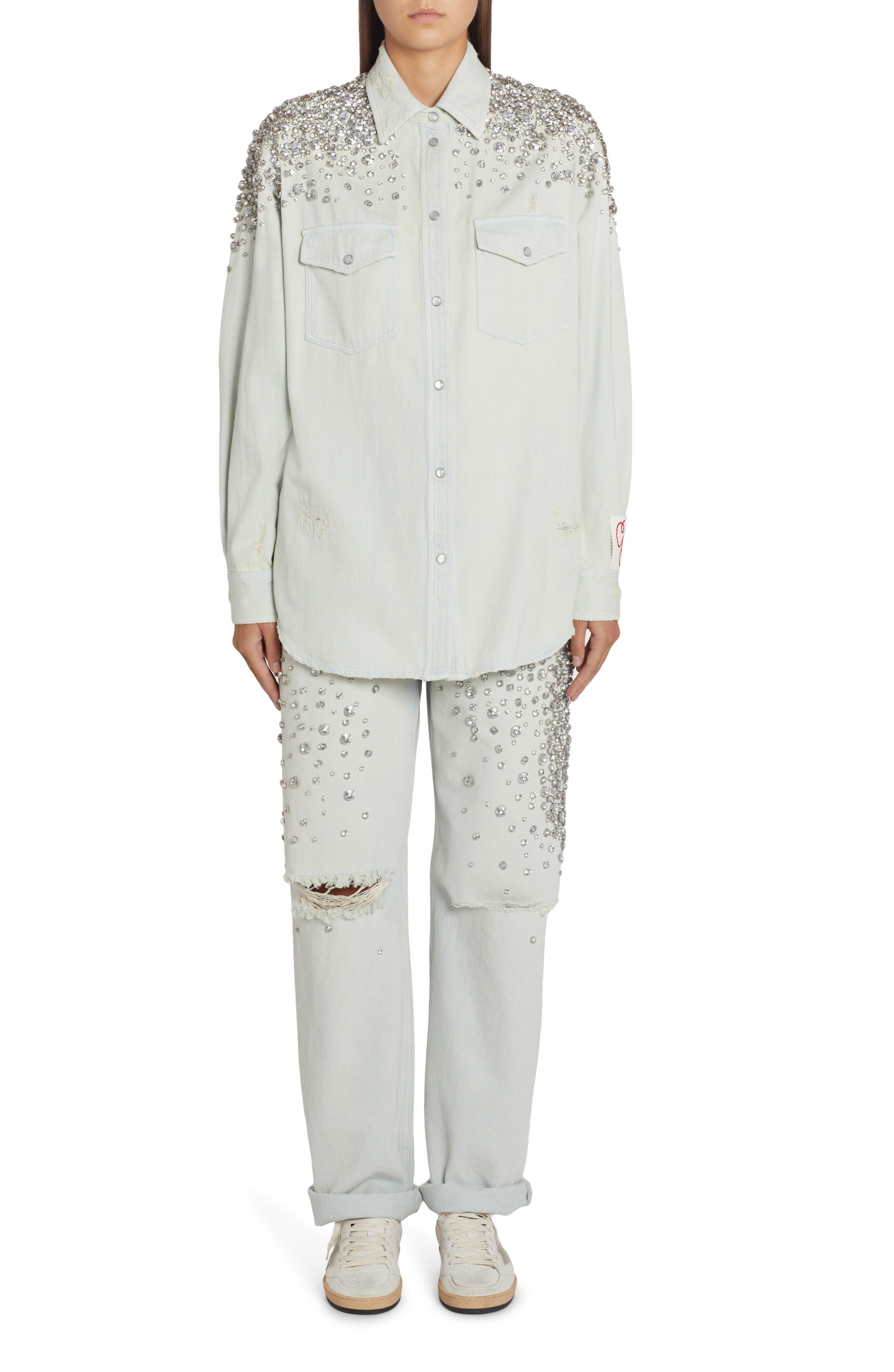 Golden Goose Kim Crystal Embellished Distressed Jeans in Blue