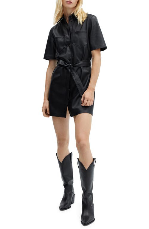 MANGO Belted Faux Leather Mini Shirtdress in Black at Nordstrom, Size 4