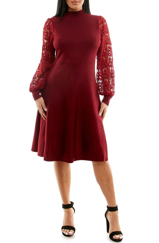 Nina Leonard Lace Blouson Sleeve Dress In Crimson