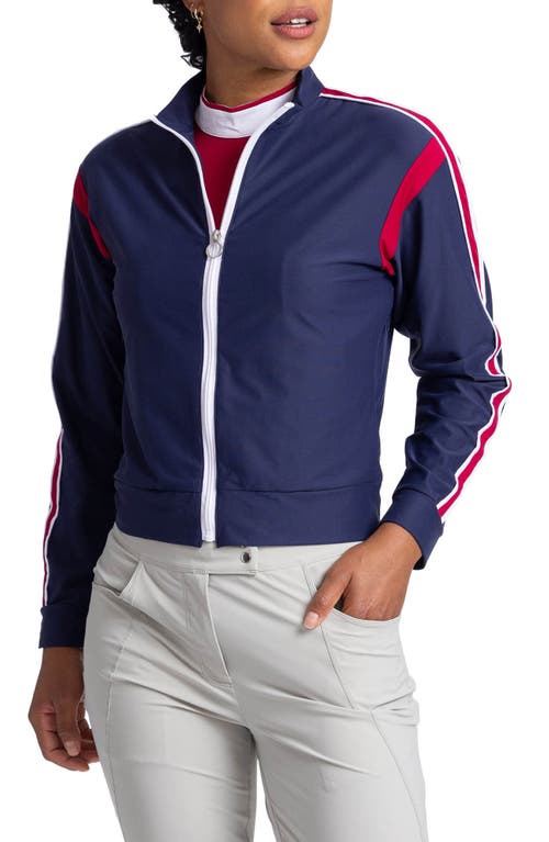 Shop Kinona Warm Up Jacket In Navy/bordeaux