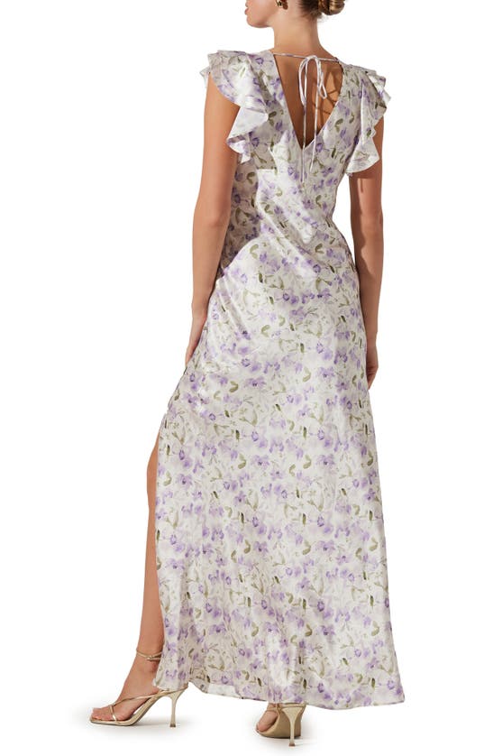 Shop Astr Floral Flutter Sleeve Satin Maxi Dress In Purple Floral