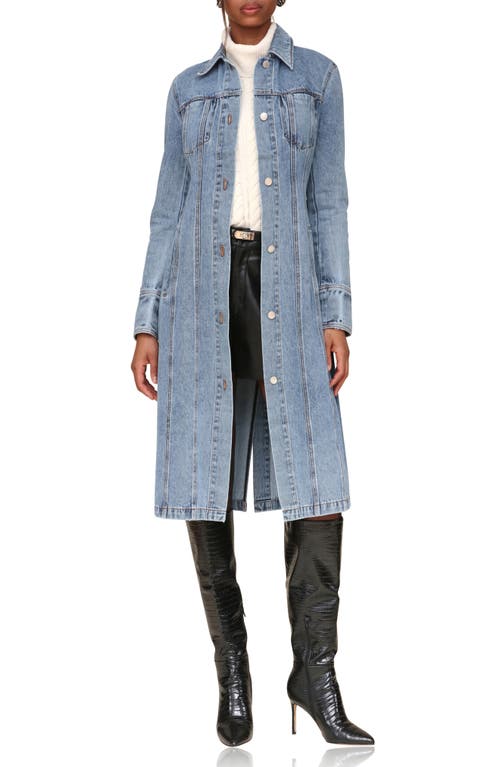 Shop Avec Les Filles Fitted Long Denim Jacket In Blue Wash