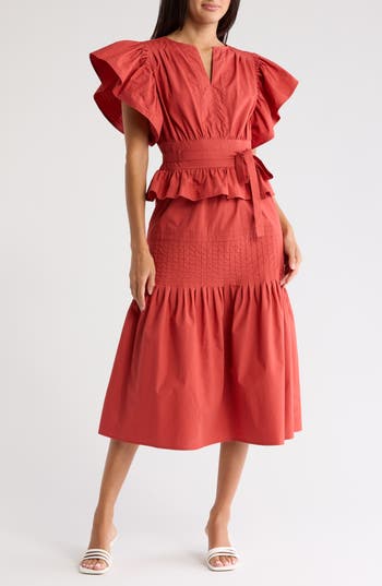 WISHLIST WISHLIST COTTON FLUTTER SLEEVE MIDI DRESS 