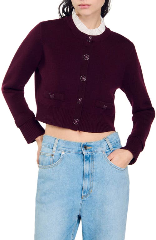 Shop Sandro Knit Cardigan With Ruffled Collar In Bordeaux