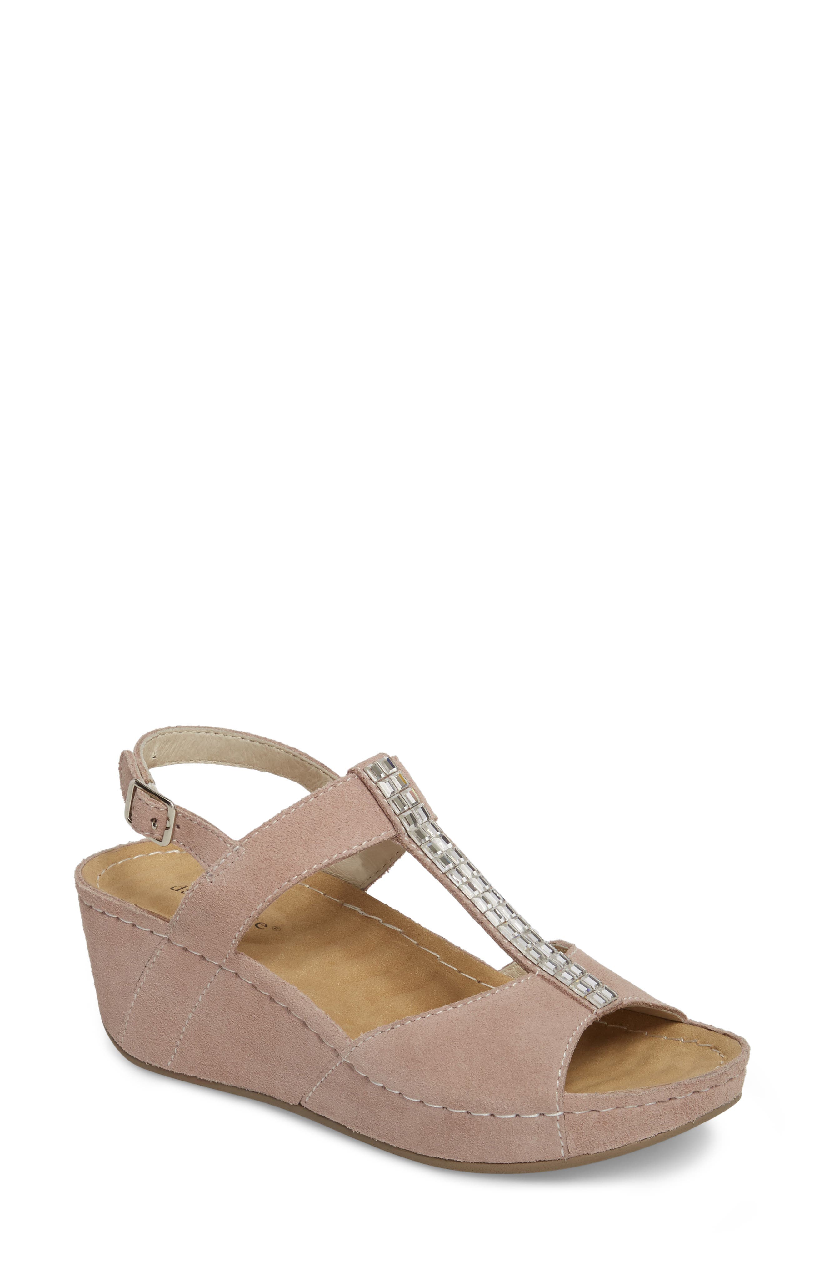 David Tate Bubbly Embellished T-Strap Wedge Sandal, Beige