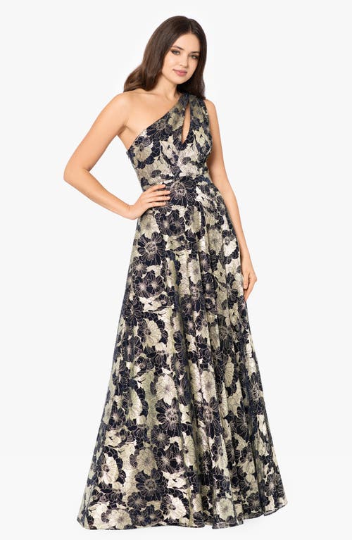 Shop Betsy & Adam Metallic Floral One-shoulder Sheath Gown In Navy/gold