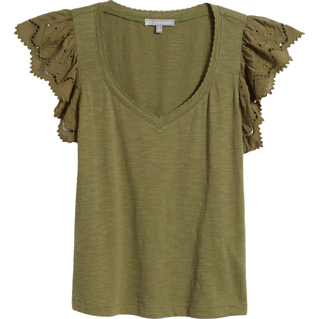 Wit & Wisdom Eyelet Flutter Sleeve Jersey T-shirt In Rolling Hill Green