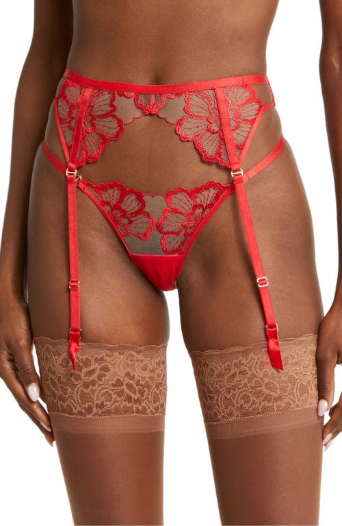 Bluebella Catalina Embroidered Mesh Garter Belt in Tomato Red/Sheer at Nordstrom, Size X-Large