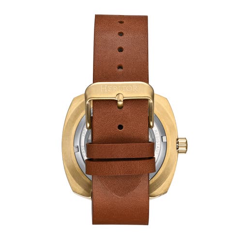 Shop Heritor Automatic Davenport Engraved-case Leather-band Watch W/ Date In Gold/brown