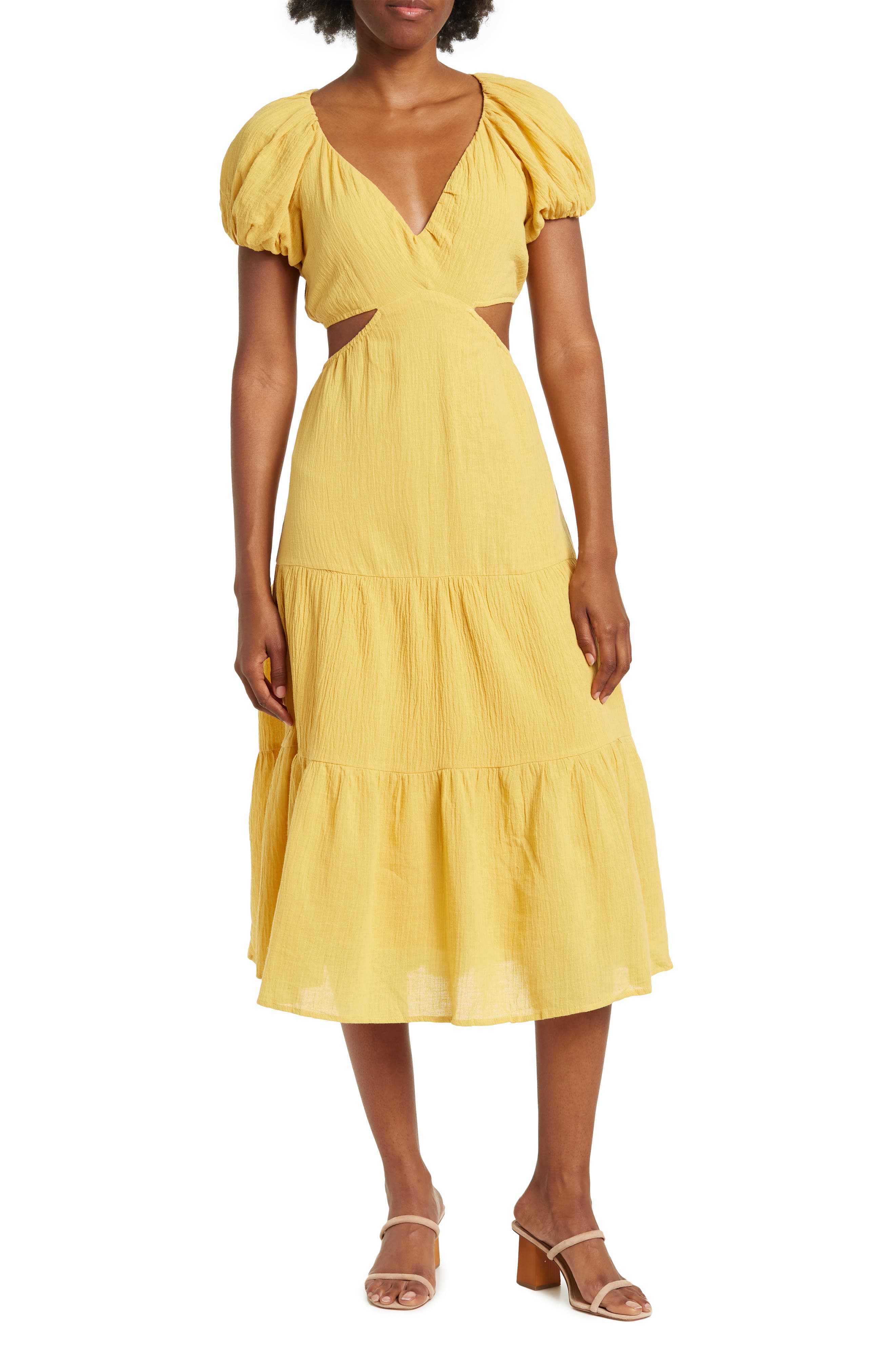 Puff Sleeve Cutout Gauze Midi Dress 